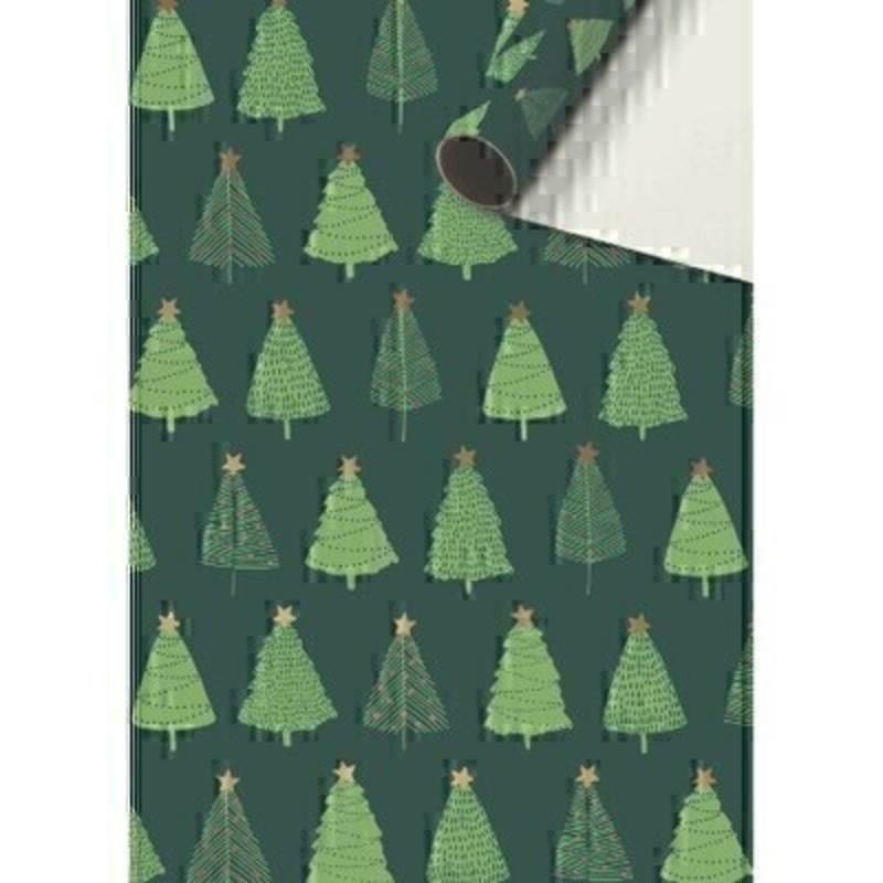 Green festive tree Christmas roll wrap paper by Swiss designer Stewo. White kraft 70gsm Christmas wrapping paper. Approx size of roll 70cm x 2metres.